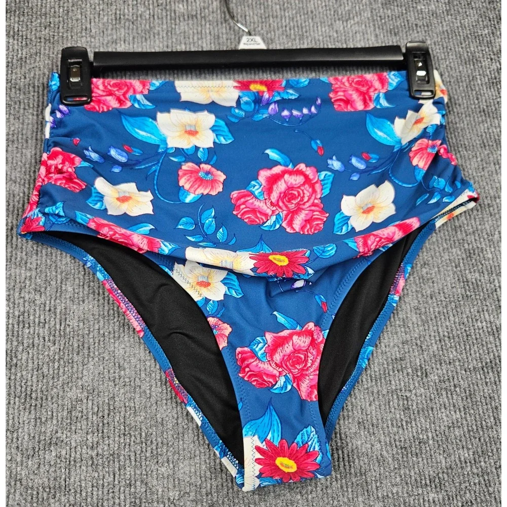 NWT Cupshe Womens Floral High Waisted Bikini Bottom Teal Blue Pink Size L
